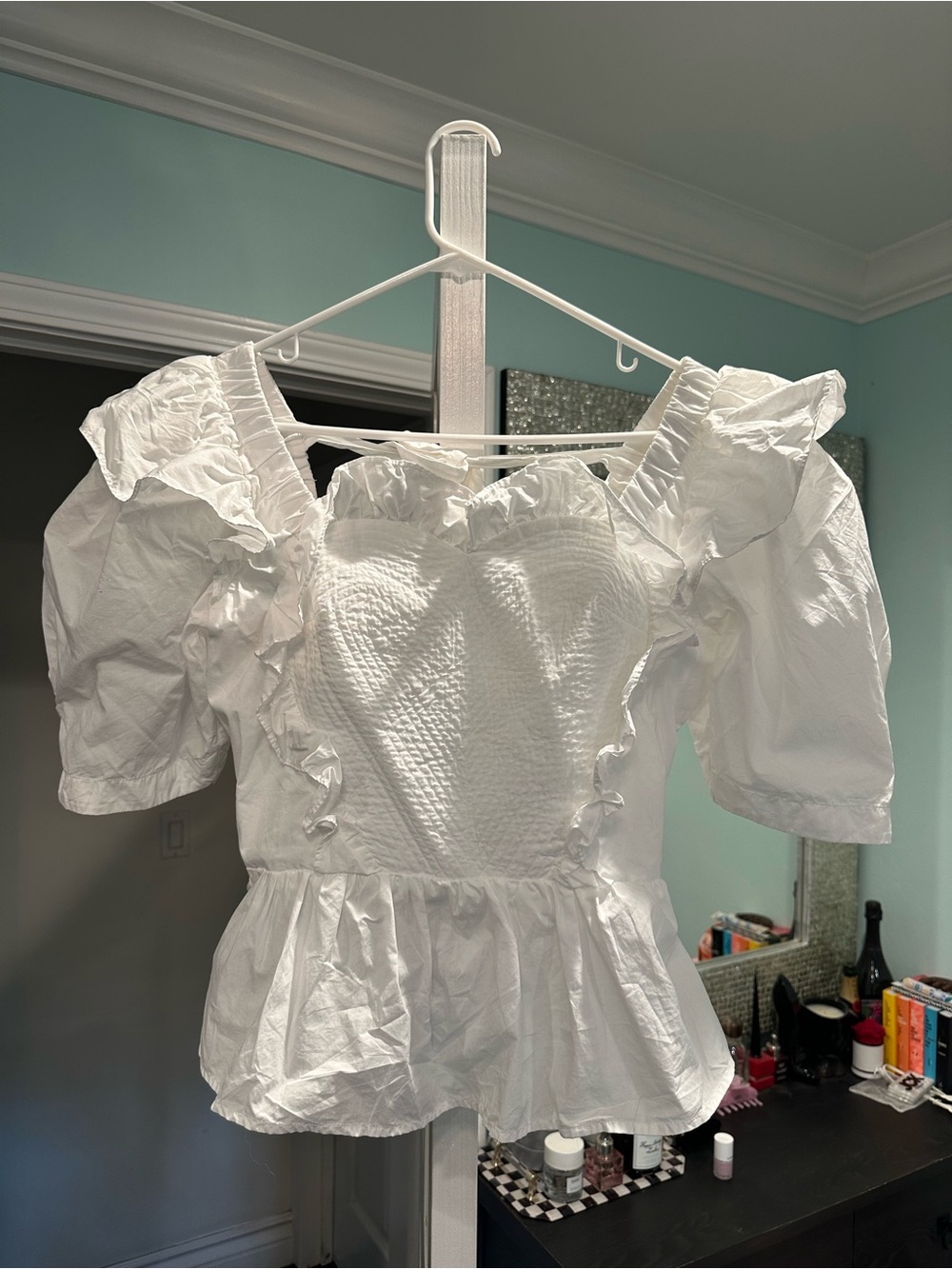 Sea New York White Ruffled Puff-Sleeve Peplum Blouse